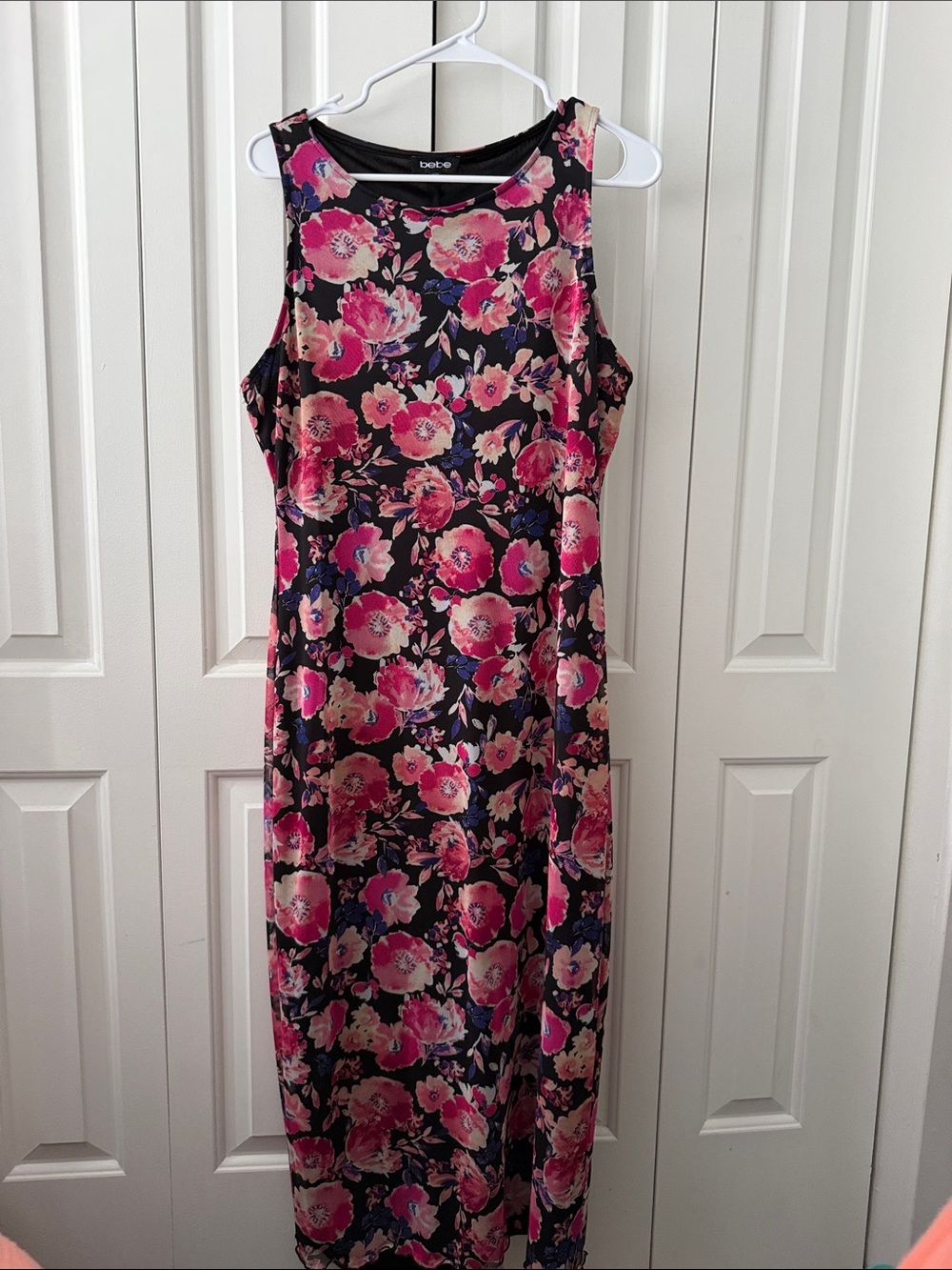 bebe Black Maxi Dress with Pink Floral Print